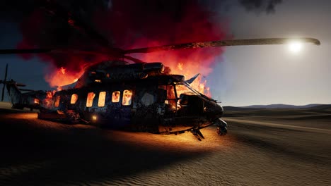 Verbrannter-Militärhubschrauber-In-Der-Wüste-Bei-Sonnenuntergang